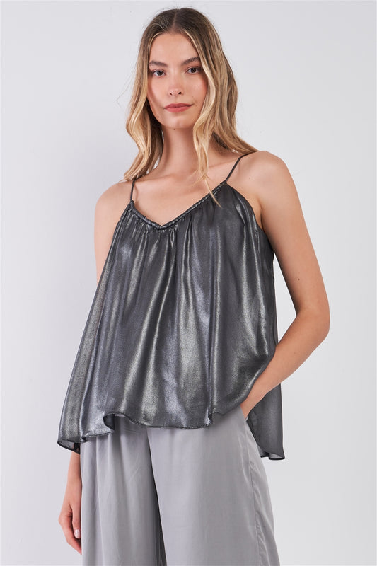 Silver Black Soft V-neck Sleeveless Gathered Loose Fit Top